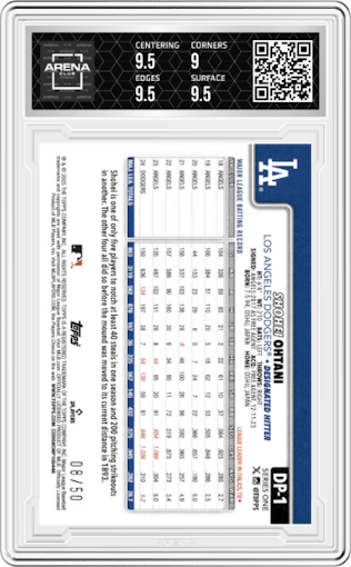 Shohei Ohtani from the 2025 Topps set featuring a Gold parallel graded by Arena Club and given an overall grade of 9.5.