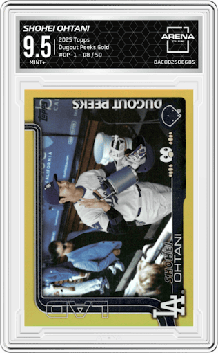 Shohei Ohtani from the 2025 Topps set featuring a Gold parallel graded by Arena Club and given an overall grade of 9.5.