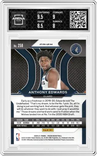 Anthony Edwards from the 2020-21 Panini Prizm set featuring a Green Prizm parallel graded by Arena Club and given an overall grade of 8.5.