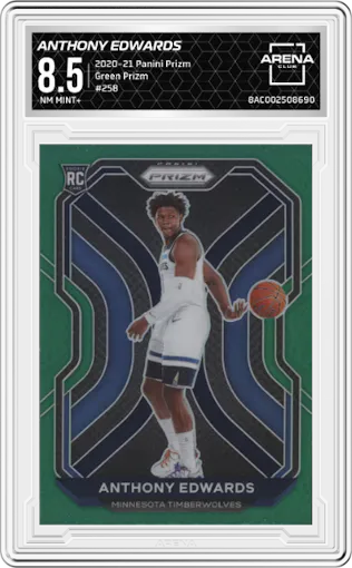 Anthony Edwards from the 2020-21 Panini Prizm set featuring a Green Prizm parallel graded by Arena Club and given an overall grade of 8.5.