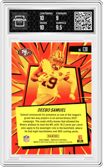 Deebo Samuel from the 2022 Panini Absolute set and given an overall grade of 9.5.