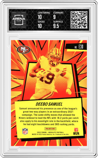 Deebo Samuel from the 2022 Panini Absolute set graded by Arena Club and given an overall grade of 9.5.
