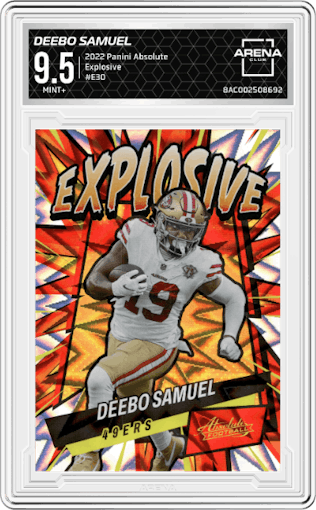 Deebo Samuel from the 2022 Panini Absolute set graded by Arena Club and given an overall grade of 9.5.