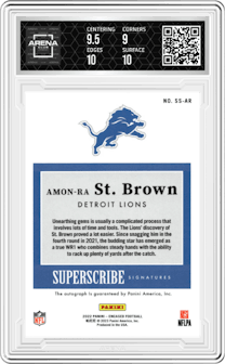 Amon-Ra St. Brown from the 2022 Panini Encased set graded by Arena Club and given an overall grade of 9.5.