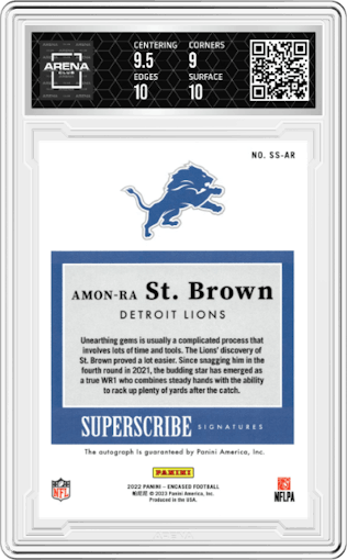 Amon-Ra St. Brown from the 2022 Panini Encased set graded by Arena Club and given an overall grade of 9.5.