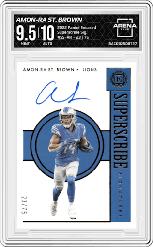 Amon-Ra St. Brown from the 2022 Panini Encased set graded by Arena Club and given an overall grade of 9.5.