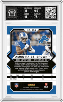 Amon-Ra St. Brown from the 2021 Panini Obsidian set featuring a Electric Etch Contra parallel graded by Arena Club and given an overall grade of 8.