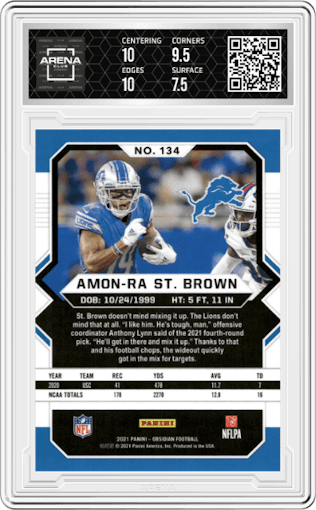 Amon-Ra St. Brown from the 2021 Panini Obsidian set featuring a Electric Etch Contra parallel graded by Arena Club and given an overall grade of 8.