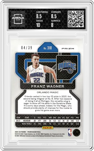 Franz Wagner from the 2021-22 Panini Prizm  set featuring a Choice Blue parallel graded by Arena Club and given an overall grade of 8.5.