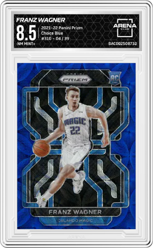 Franz Wagner from the 2021-22 Panini Prizm  set featuring a Choice Blue parallel graded by Arena Club and given an overall grade of 8.5.