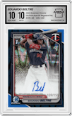 Eduardo Beltre from the 2024 Bowman Chrome set featuring a Blue Raywave Refractor parallel graded by Arena Club and given an overall grade of 10.