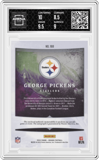George Pickens from the 2022 Panini Origins set featuring a Gold parallel graded by Arena Club and given an overall grade of 9.
