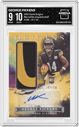 George Pickens from the 2022 Panini Origins set featuring a Gold parallel graded by Arena Club and given an overall grade of 9.