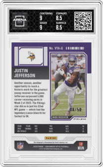 Justin Jefferson from the 2023 Panini Contenders Optic set graded by Arena Club and given an overall grade of 9.