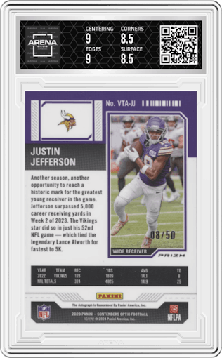 Justin Jefferson from the 2023 Panini Contenders Optic set graded by Arena Club and given an overall grade of 9.