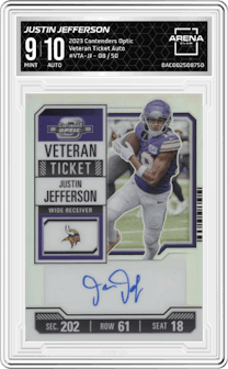 Justin Jefferson from the 2023 Panini Contenders Optic set graded by Arena Club and given an overall grade of 9.
