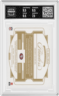 Deebo Samuel from the 2022 Panini Flawless set featuring a Bronze parallel graded by Arena Club and given an overall grade of 8.