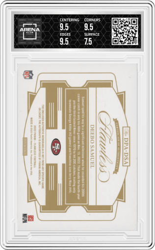 Deebo Samuel from the 2022 Panini Flawless set featuring a Bronze parallel graded by Arena Club and given an overall grade of 8.