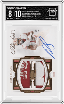 Deebo Samuel from the 2022 Panini Flawless set featuring a Bronze parallel graded by Arena Club and given an overall grade of 8.