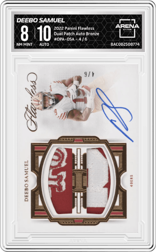 Deebo Samuel from the 2022 Panini Flawless set featuring a Bronze parallel graded by Arena Club and given an overall grade of 8.