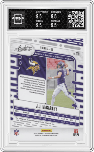 J.J. McCarthy from the 2024 Panini Absolute set featuring a Red Spectrum parallel graded by Arena Club and given an overall grade of 9.5.