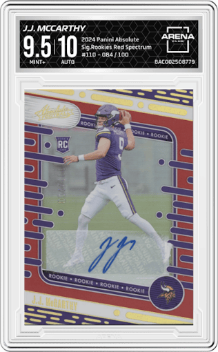 J.J. McCarthy from the 2024 Panini Absolute set featuring a Red Spectrum parallel graded by Arena Club and given an overall grade of 9.5.