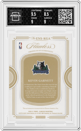 Kevin Garnett from the 2020-21 Panini Flawless Basketball set graded by Arena Club and given an overall grade of 9.