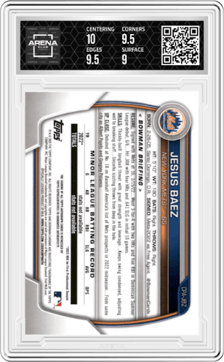 Jesus Baez from the 2023 Bowman  set featuring a Blue Refractor parallel graded by Arena Club and given an overall grade of 9.5.