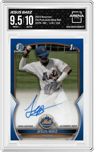 Jesus Baez from the 2023 Bowman  set featuring a Blue Refractor parallel graded by Arena Club and given an overall grade of 9.5.