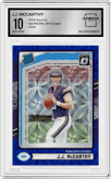J.J. McCarthy from the 2024 Donruss set featuring a Blue Scope parallel graded by Arena Club and given an overall grade of 10.
