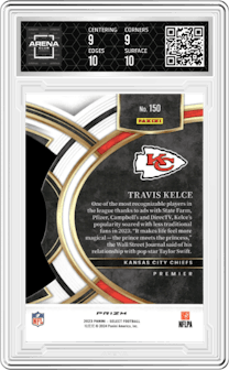 Travis Kelce from the 2023 Panini Select set featuring a Die-Cut Zebra parallel and given an overall grade of 9.5.
