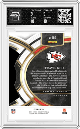 Travis Kelce from the 2023 Panini Select set featuring a Die-Cut Zebra parallel graded by Arena Club and given an overall grade of 9.5.