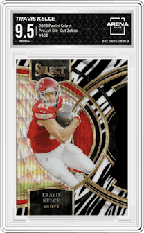 Travis Kelce from the 2023 Panini Select set featuring a Die-Cut Zebra parallel and given an overall grade of 9.5.