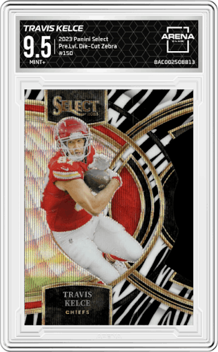 Travis Kelce from the 2023 Panini Select set featuring a Die-Cut Zebra parallel graded by Arena Club and given an overall grade of 9.5.