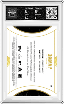 Shohei Ohtani/Mickey Mantle from the 2025 Topps Welcome to the Club: 3X MVP Baseball set featuring a Green Stardust Foil  parallel and given an overall grade of 9.5.