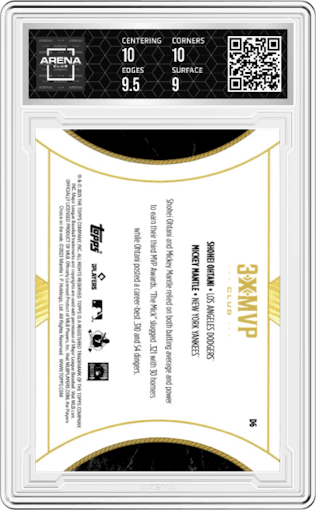 Shohei Ohtani/Mickey Mantle from the 2025 Topps Welcome to the Club: 3X MVP Baseball set featuring a Green Stardust Foil  parallel graded by Arena Club and given an overall grade of 9.5.