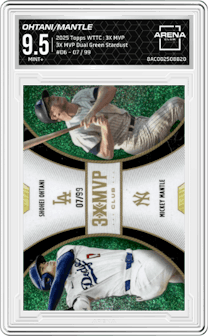 Shohei Ohtani/Mickey Mantle from the 2025 Topps Welcome to the Club: 3X MVP Baseball set featuring a Green Stardust Foil  parallel and given an overall grade of 9.5.