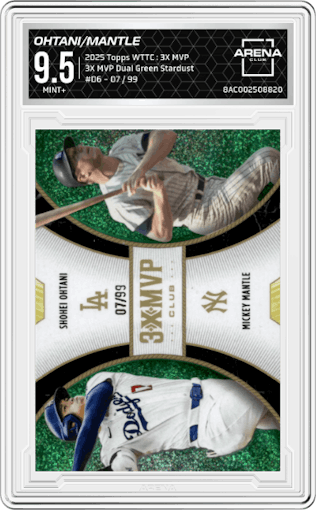 Shohei Ohtani/Mickey Mantle from the 2025 Topps Welcome to the Club: 3X MVP Baseball set featuring a Green Stardust Foil  parallel graded by Arena Club and given an overall grade of 9.5.