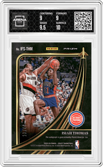 Isiah Thomas from the 2023-24 Panini Select  set featuring a Blue Prizm parallel and given an overall grade of 9.5.