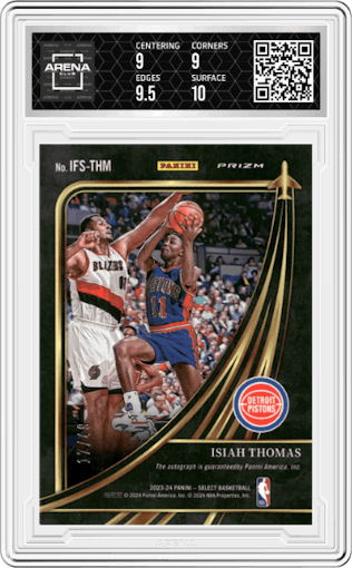 Isiah Thomas from the 2023-24 Panini Select  set featuring a Blue Prizm parallel graded by Arena Club and given an overall grade of 9.5.