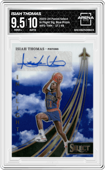 Isiah Thomas from the 2023-24 Panini Select  set featuring a Blue Prizm parallel and given an overall grade of 9.5.