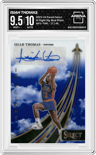 Isiah Thomas from the 2023-24 Panini Select  set featuring a Blue Prizm parallel graded by Arena Club and given an overall grade of 9.5.