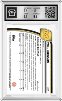 Will Johnson from the 2024 Bowman University Chrome set featuring a Black Refractor parallel graded by Arena Club and given an overall grade of 10.
