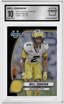 Will Johnson from the 2024 Bowman University Chrome set featuring a Black Refractor parallel graded by Arena Club and given an overall grade of 10.