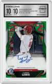 Tyson Lewis from the 2024 Bowman Draft set featuring a Green Refractors parallel graded by Arena Club and given an overall grade of 10.