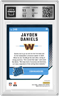 Jayden Daniels from the 2024 Donruss Optic set featuring a Purple Shock parallel graded by Arena Club and given an overall grade of 10.