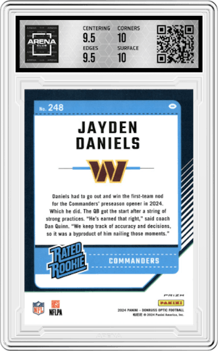 Jayden Daniels from the 2024 Donruss Optic set featuring a Purple Shock parallel graded by Arena Club and given an overall grade of 10.