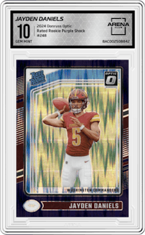 Jayden Daniels from the 2024 Donruss Optic set featuring a Purple Shock parallel graded by Arena Club and given an overall grade of 10.