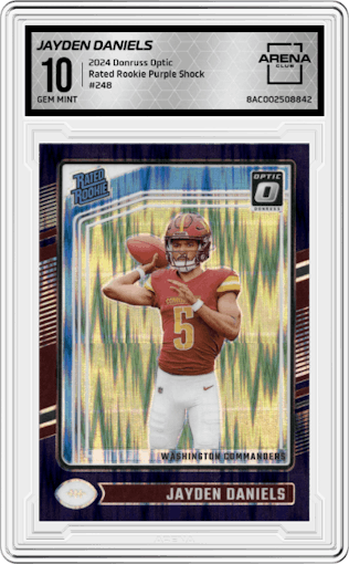Jayden Daniels from the 2024 Donruss Optic set featuring a Purple Shock parallel graded by Arena Club and given an overall grade of 10.