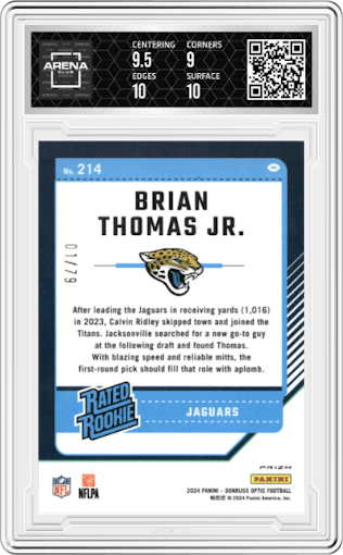 Brian Thomas Jr. from the 2024 Donruss Optic set featuring a Orange Scope parallel graded by Arena Club and given an overall grade of 9.5.